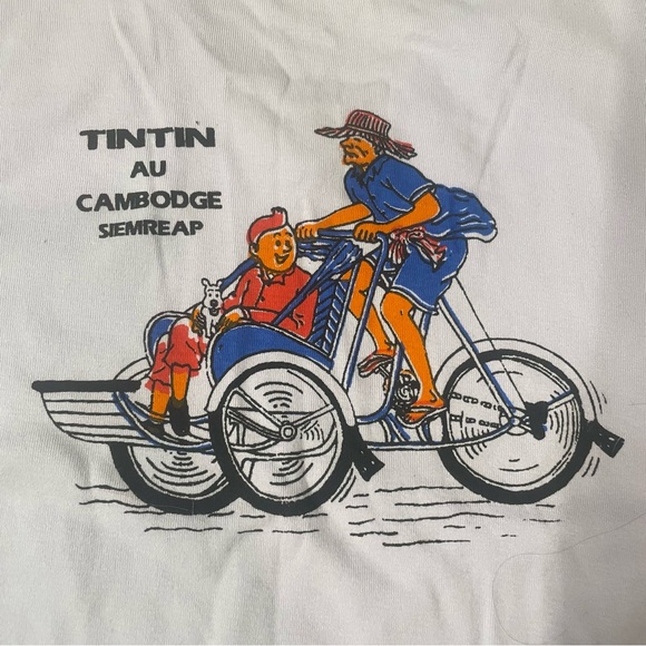 Tintin Cambodia Siem Reap Graphic T-Shirt Purple Rickshaw Comic Tee - Picture 3 of 8
